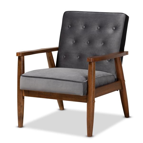 baxton studio Baxton Studio Sorrento Mid-century Modern Grey Velvet Fabric Upholstered Walnut Finished Wooden Lounge Chair
