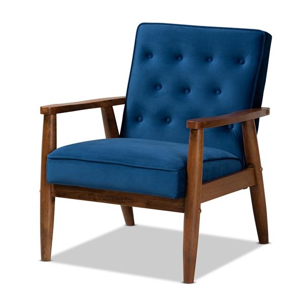 baxton studio Baxton Studio Sorrento Mid-century Modern Navy Blue Velvet Fabric Upholstered Walnut Finished Wooden Lounge Chair