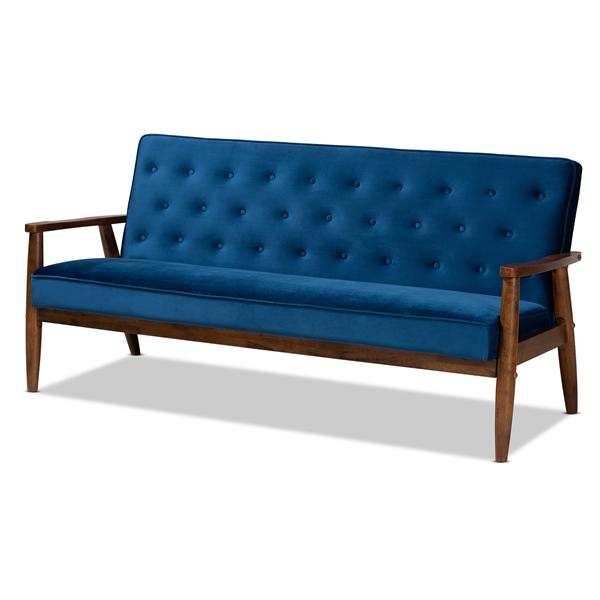 baxton studio Baxton Studio Sorrento Mid-century Modern Navy Blue Velvet Fabric Upholstered Walnut Finished Wooden 3-seater Sofa