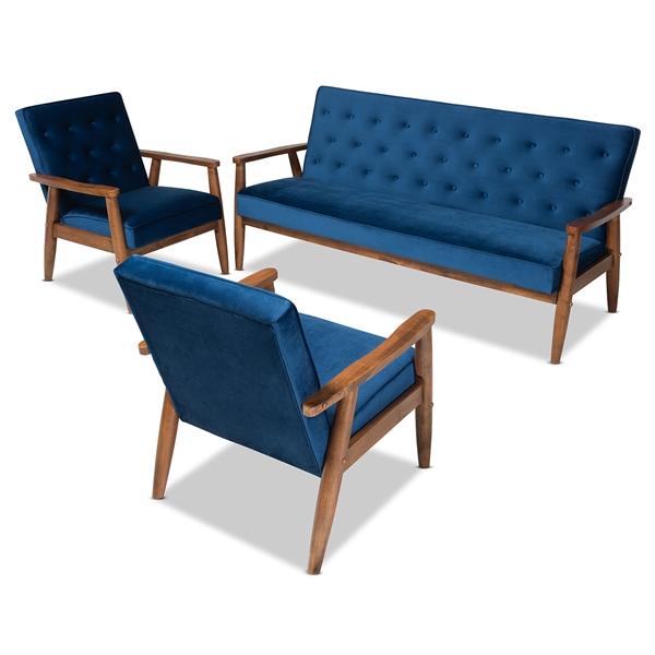 baxton studio Baxton Studio Sorrento Mid-century Modern Navy Blue Velvet Fabric Upholstered Walnut Finished 3-Piece Wooden Living Room Set