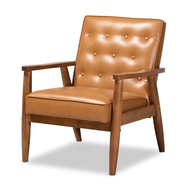 baxton studio Baxton Studio Sorrento Mid-Century Modern Tan Faux Leather Upholstered and Walnut Brown Finished Wood Lounge Chair