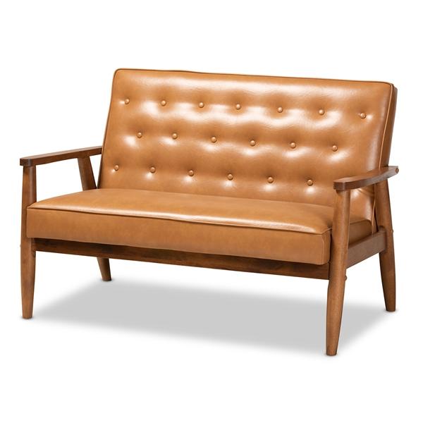 baxton studio Baxton Studio Sorrento Mid-Century Modern Tan Faux Leather Upholstered and Walnut Brown Finished Wood Loveseat