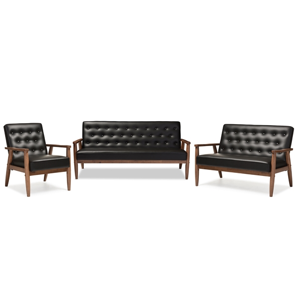 baxton studio Baxton Studio Sorrento Mid-century Retro Modern Black Faux Leather Upholstered Wooden 3 Piece Living room Set