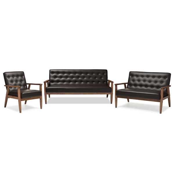 baxton studio Baxton Studio Sorrento Mid-century Retro Modern Brown Faux Leather Upholstered Wooden 3 Piece Living room Set