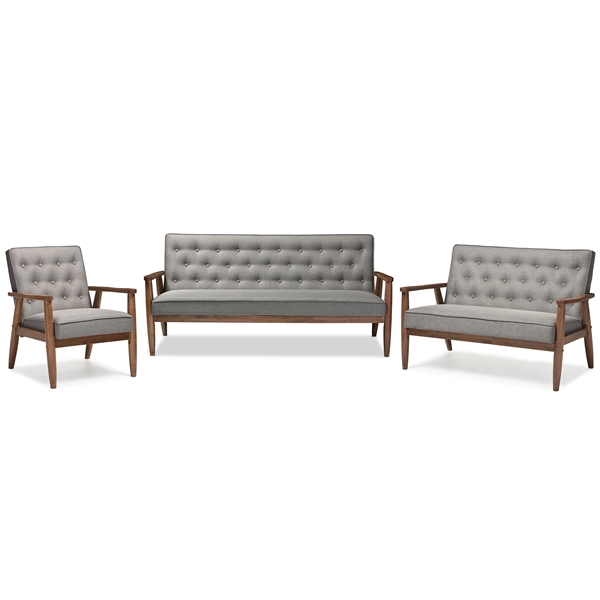 baxton studio Baxton Studio Sorrento Mid-century Retro Modern Grey Fabric Upholstered Wooden 3 Piece Living room Set