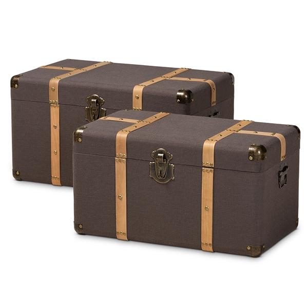 baxton studio Baxton Studio Stephen Modern and Contemporary Transitional Dark Brown Fabric Upholstered and Oak Brown Finished 2-Piece Storage Trunk Set