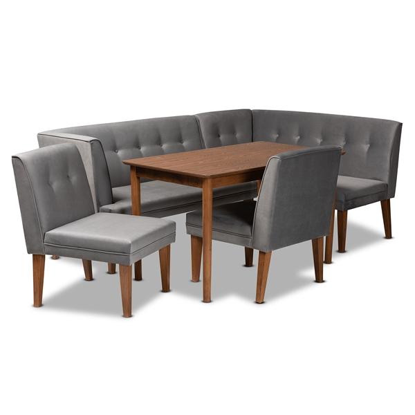 baxton studio Baxton Studio Stewart Mid-Century Modern Grey Velvet Upholstered and Walnut Brown Finished Wood 5-Piece Dining Set