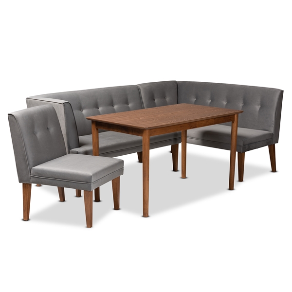 baxton studio Baxton Studio Stewart Mid-Century Modern Grey Velvet Upholstered and Walnut Brown Finished Wood 4-Piece Dining Nook Set