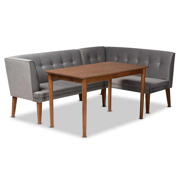 baxton studio Baxton Studio Stewart Mid-Century Modern Grey Velvet Upholstered and Walnut Brown Finished Wood 3-Piece Dining Nook Set