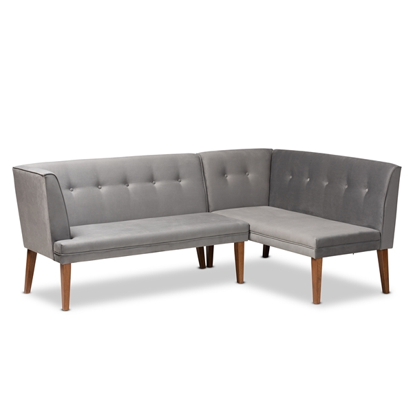 baxton studio Baxton Studio Stewart Mid-Century Modern Grey Velvet Upholstered and Walnut Brown Finished Wood 2-Piece Dining Nook Banquette Set