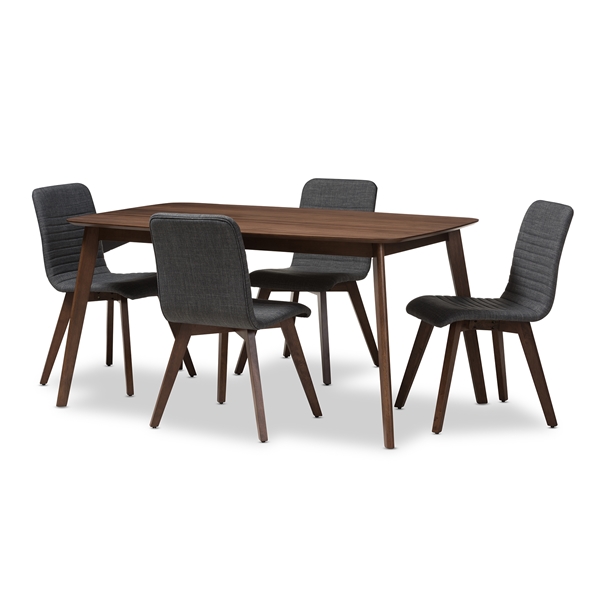 baxton studio Baxton Studio Sugar Mid-Century Modern Dark Grey Fabric Upholstered Walnut Wood Finished 5-Piece Dining Set