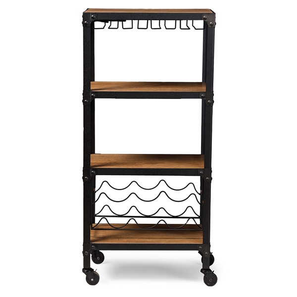 baxton studio Baxton Studio Swanson Rustic Industrial Style Antique Black Textured Finish Metal Distressed Wood Mobile Kitchen Bar Wine Storage Shelf