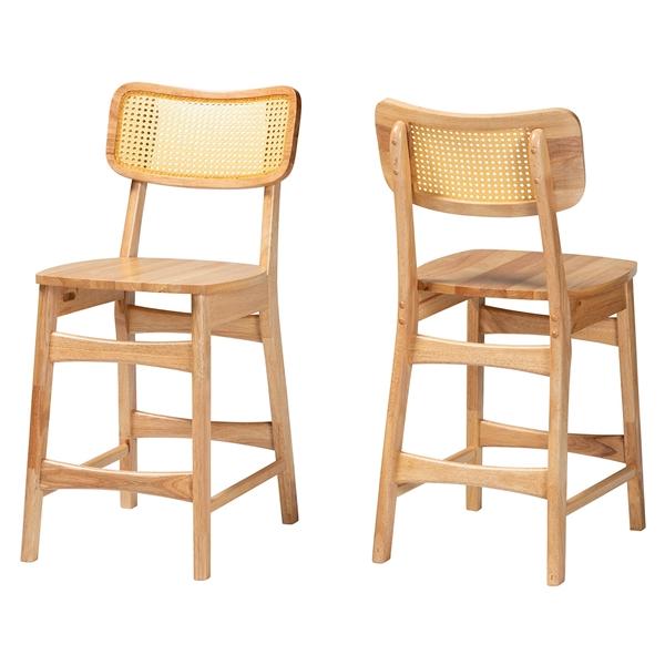 baxton studio Baxton Studio Tadeo Mid-Century Modern Oak Brown Finished Wood and Rattan 2-Piece Counter Stool Set