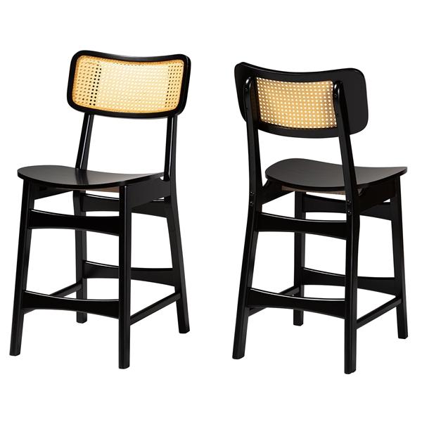 baxton studio Baxton Studio Tafari Mid-Century Modern Dark Brown Finished Wood and Rattan 2-Piece Counter Stool Set
