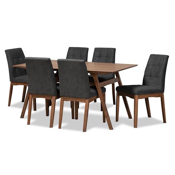 baxton studio Baxton Studio Tara Mid-Century Modern Dark Grey Fabric Upholstered and Walnut Brown Finished Wood 7-Piece Dining Set