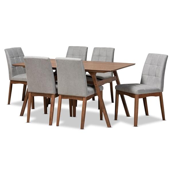 baxton studio Baxton Studio Tara Mid-Century Modern Light Grey Fabric Upholstered and Walnut Brown Finished Wood 7-Piece Dining Set