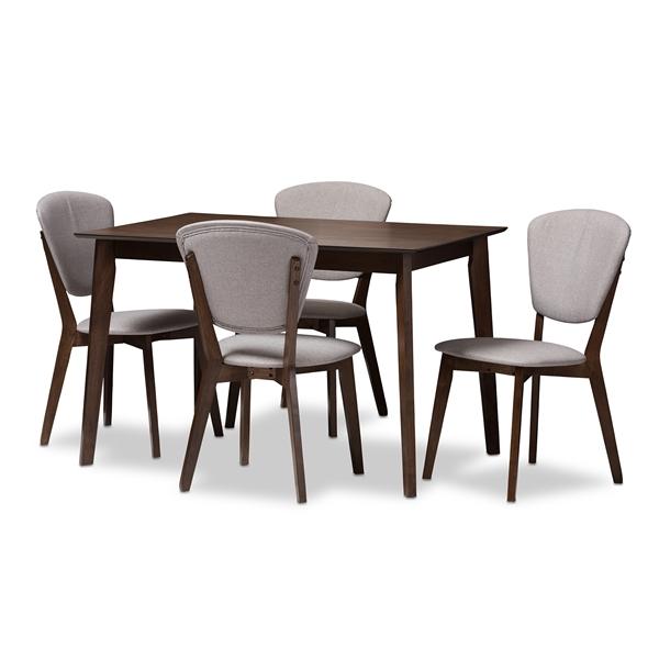 baxton studio Baxton Studio Tarelle Mid-Century Modern Walnut-Finished Light Grey Fabric Upholstered 5-Piece Dining Set