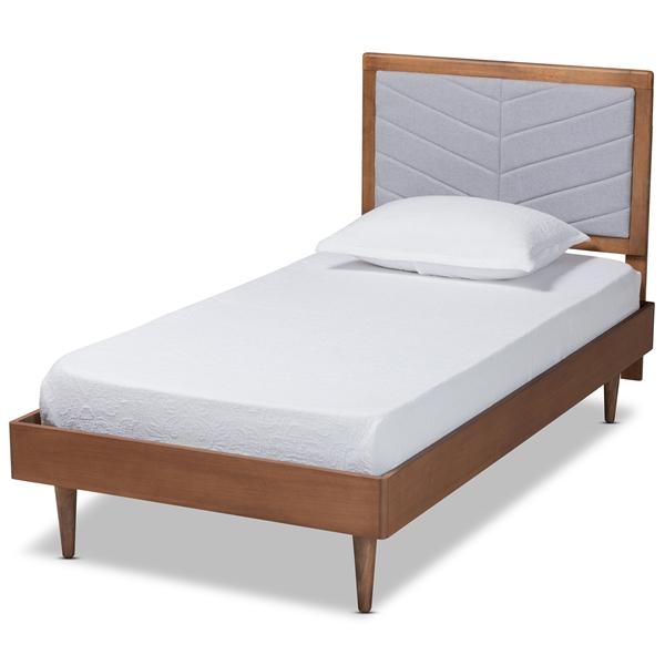 baxton studio Baxton Studio Tasha Mid-Century Modern Light Grey Fabric Upholstered and Walnut brown Finished Wood Twin Size Platform Bed