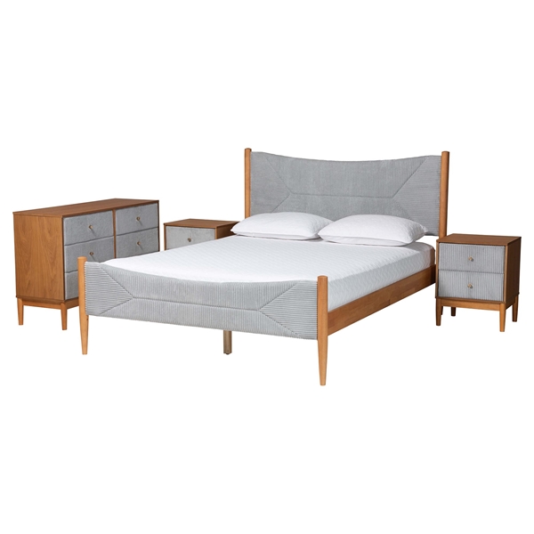 baxton studio Baxton Studio Taylin Mid-Century Grey Corduroy and Oak Brown Wood Queen 4-Piece Bedroom Set with Two Nightstands