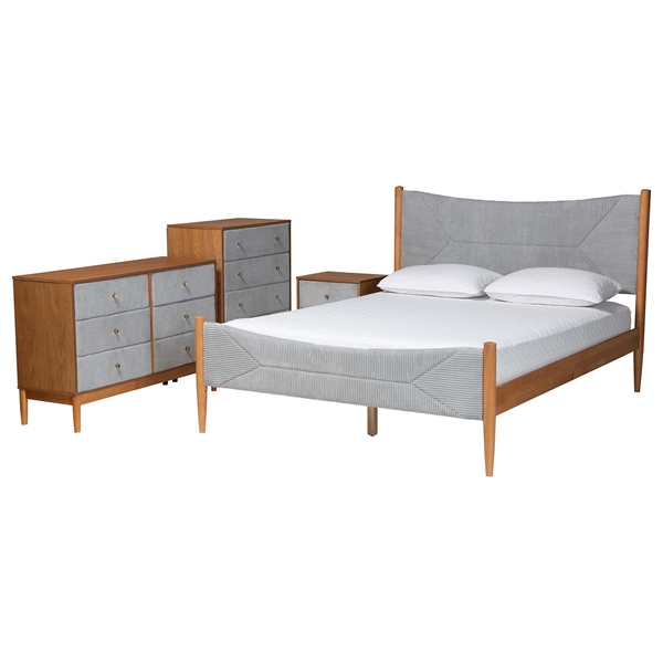 baxton studio Baxton Studio Taylin Mid-Century Grey Corduroy and Oak Brown Wood Queen 4-Piece Bedroom Set