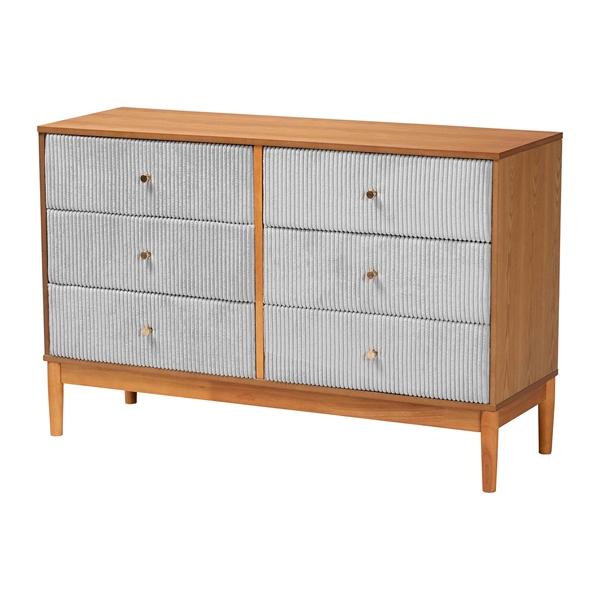 baxton studio Baxton Studio Taylin Mid-Century Grey Corduroy and Oak Brown Wood 6-Drawer Dresser