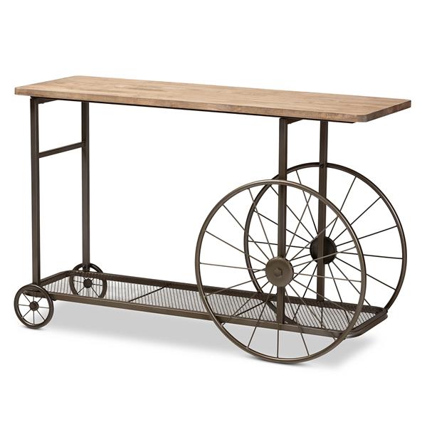 baxton studio Baxton Studio Terence Vintage Rustic Industrial Natural Finished Wood and Black Finished Metal Wheeled Console Table