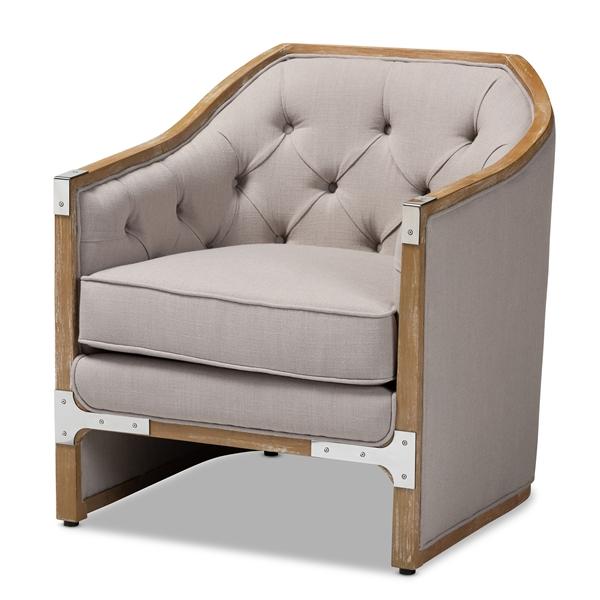 baxton studio Baxton Studio Terina French Country Industrial Grey-Beige Fabric Upholstered Whitewashed Oak Wood Armchair with Metal Accents