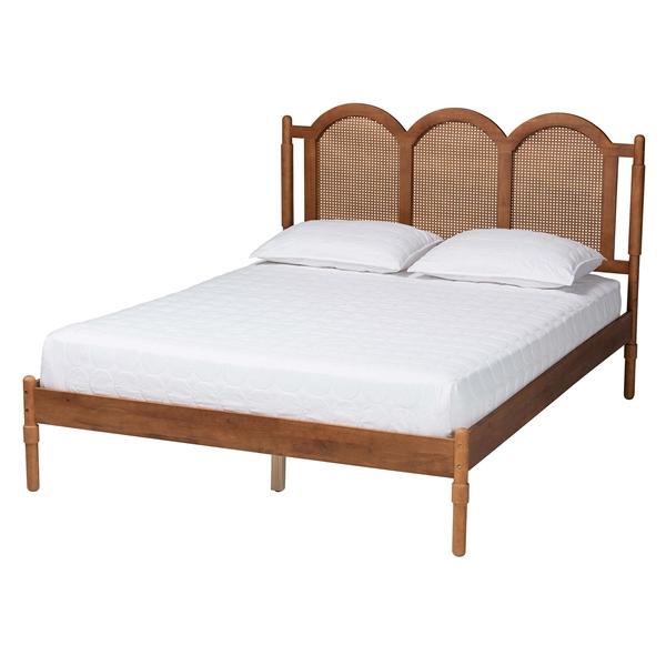 baxton studio Baxton Studio Thatcher Mid-Century Modern Walnut Brown Finished Wood Queen Size Platform Bed with Woven Rattan