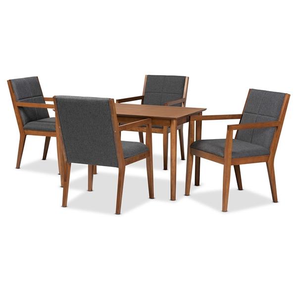 baxton studio Baxton Studio Theresa Mid-Century Modern Dark Grey Fabric Upholstered and Walnut Brown Finished Wood 5-Piece Dining Set