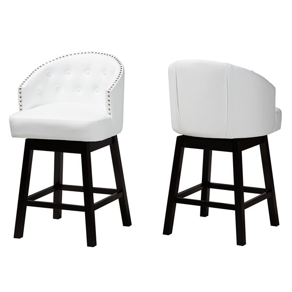baxton studio Baxton Studio Theron Mid-Century Transitional White Faux Leather and Espresso Brown Finished Wood 2-Piece Swivel Counter Stool Set