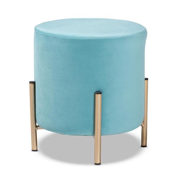 baxton studio Baxton Studio Thurman Contemporary Glam and Luxe Sky Blue Velvet Fabric Upholstered and Gold Finished Metal Ottoman