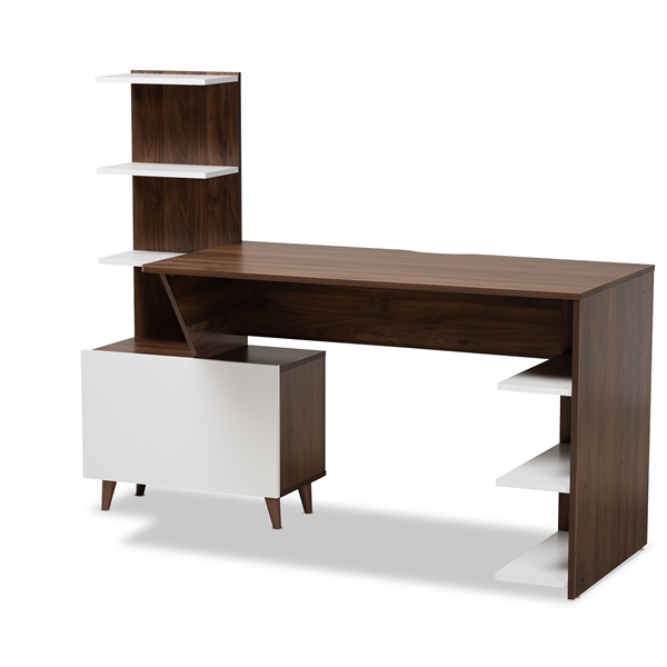 baxton studio Baxton Studio Tobias Mid-Century Modern Two-Tone White and Walnut Brown Finished Wood Storage Computer Desk with Shelves