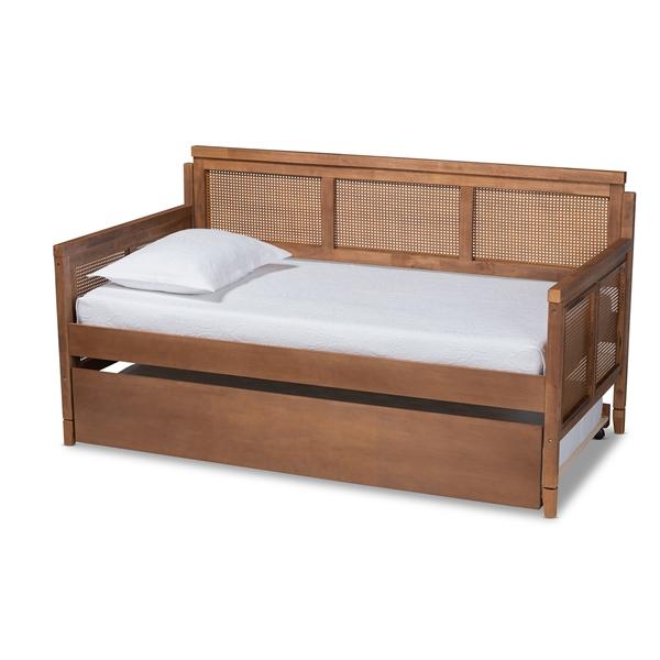 baxton studio Baxton Studio Toveli Vintage French Inspired Ash Wanut Finished Wood and Synthetic Rattan Daybed with Trundle