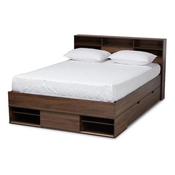 baxton studio Baxton Studio Tristan Modern and Contemporary Walnut Brown Finished Wood 1-Drawer Queen Size Platform Storage Bed with Shelves
