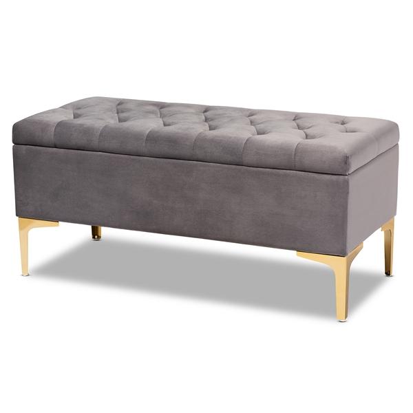 baxton studio Baxton Studio Valere Glam and Luxe Grey Velvet Fabric Upholstered Gold Finished Button Tufted Storage Ottoman