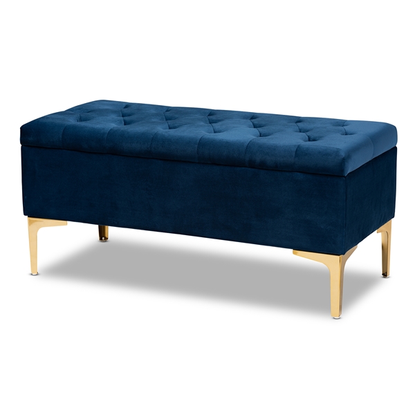 baxton studio Baxton Studio Valere Glam and Luxe Navy Blue Velvet Fabric Upholstered Gold Finished Button Tufted Storage Ottoman