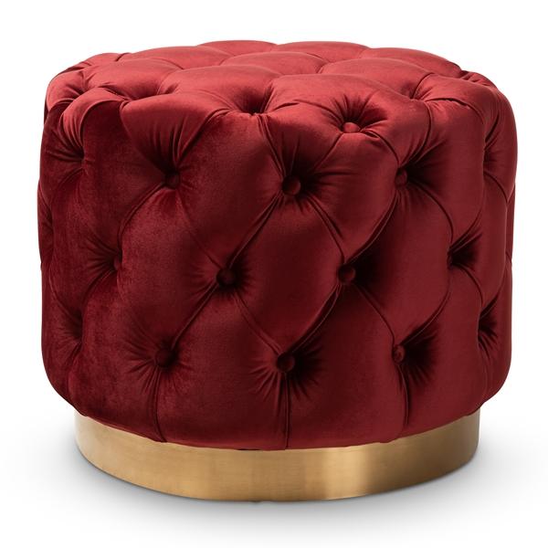 baxton studio Baxton Studio Valeria Glam Burgundy Red Velvet Fabric Upholstered Gold-Finished Button Tufted Ottoman