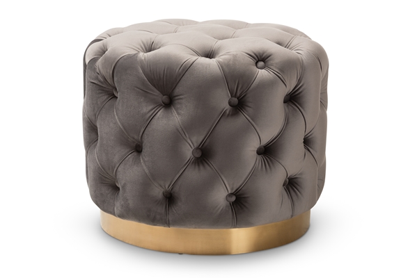 baxton studio Baxton Studio Valeria Glam Gray Velvet Fabric Upholstered Gold-Finished Button Tufted Ottoman