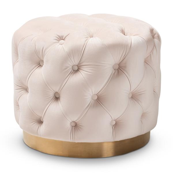 baxton studio Baxton Studio Valeria Glam Light Beige Velvet Fabric Upholstered Gold-Finished Button Tufted Ottoman