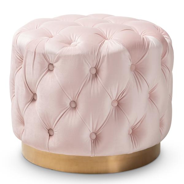 baxton studio Baxton Studio Valeria Glam Light Pink Velvet Fabric Upholstered Gold-Finished Button Tufted Ottoman