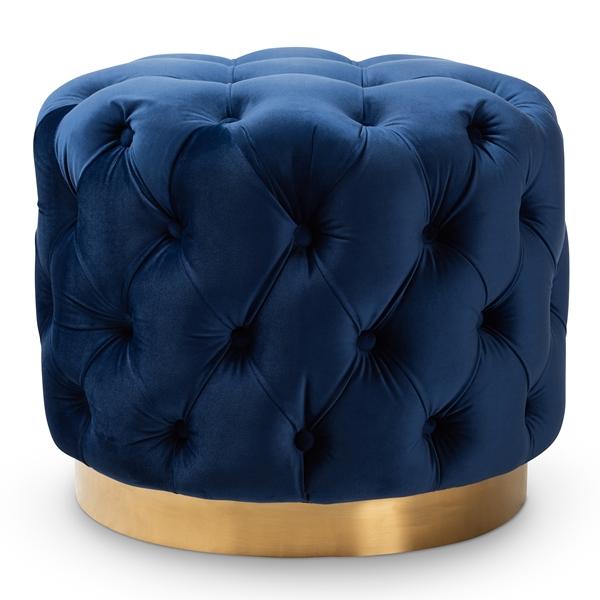 baxton studio Baxton Studio Valeria Glam Royal Blue Velvet Fabric Upholstered Gold-Finished Button Tufted Ottoman