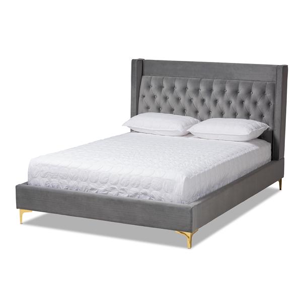 baxton studio Baxton Studio Valery Modern and Contemporary Dark Gray Velvet Fabric Upholstered King Size Platform Bed with Gold-Finished Legs