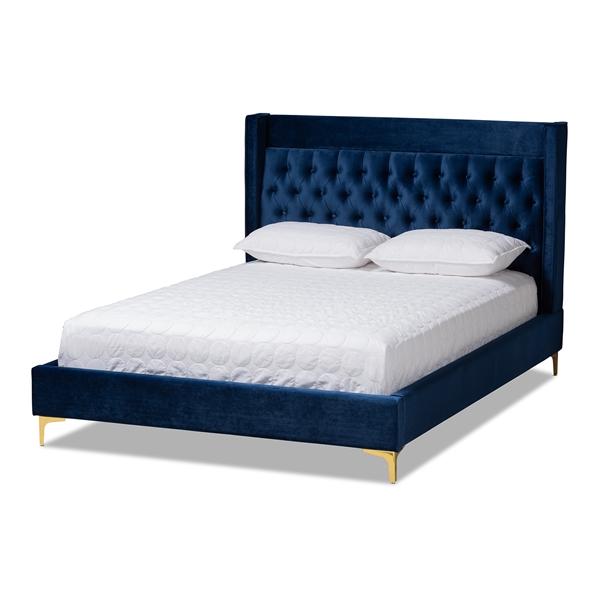 baxton studio Baxton Studio Valery Modern and Contemporary Navy Blue Velvet Fabric Upholstered Queen Size Platform Bed with Gold-Finished Legs