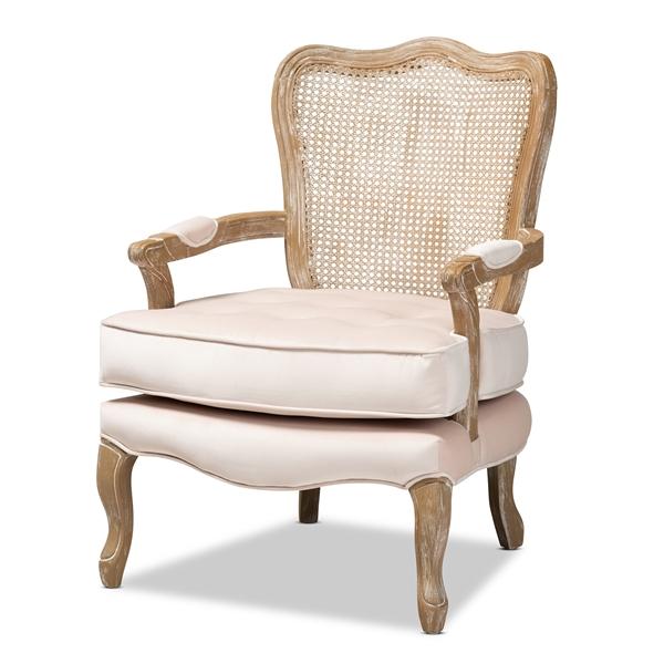 baxton studio Baxton Studio Vallea Traditional French Provincial Light Beige Velvet Fabric Upholstered White-Washed Oak Wood Armchair