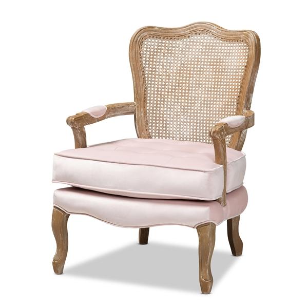 baxton studio Baxton Studio Vallea Traditional French Provincial Light Pink Velvet Fabric Upholstered White-Washed Oak Wood Armchair
