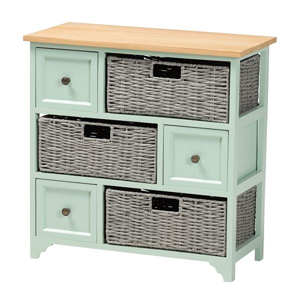 baxton studio Baxton Studio Valtina Modern and Contemporary Two-Tone Oak Brown and Mint Green Finished Wood 3-Drawer Storage Unit with Baskets