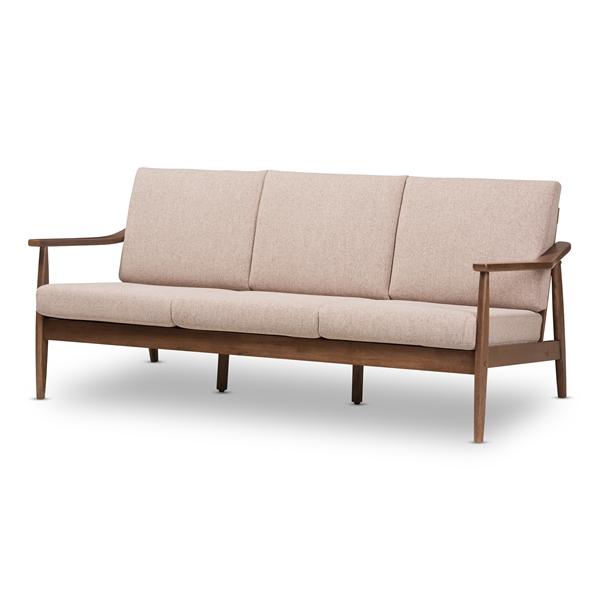 baxton studio Baxton Studio Venza Mid-Century Modern Walnut Wood Light Brown Fabric Upholstered 3-Seater Sofa