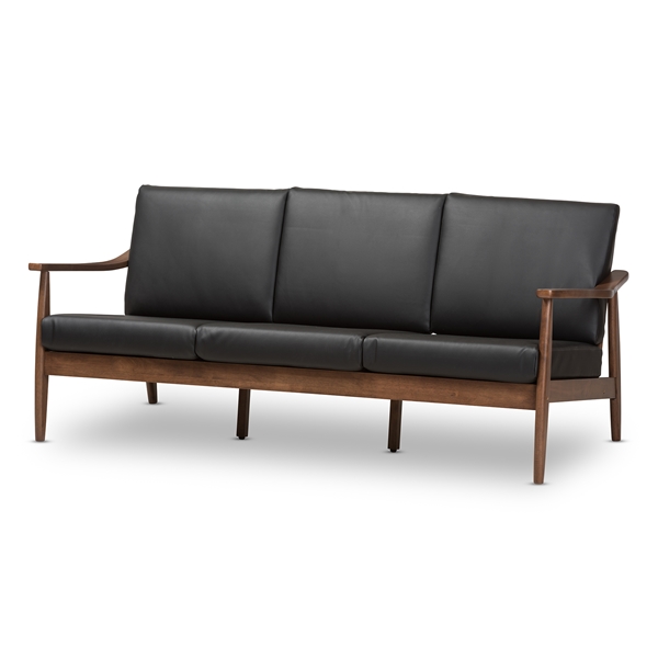 baxton studio Baxton Studio Venza Mid-Century Modern Walnut Wood Black Faux Leather 3-Seater Sofa