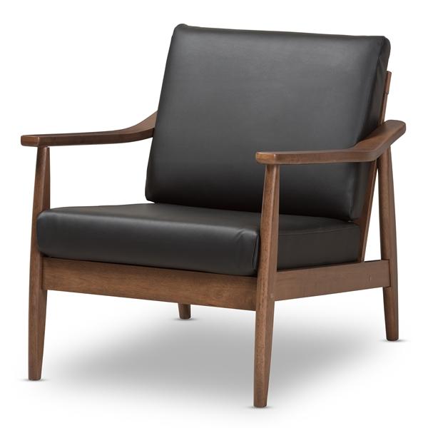 baxton studio Baxton Studio Venza Mid-Century Modern Walnut Wood Black Faux Leather Lounge Chair