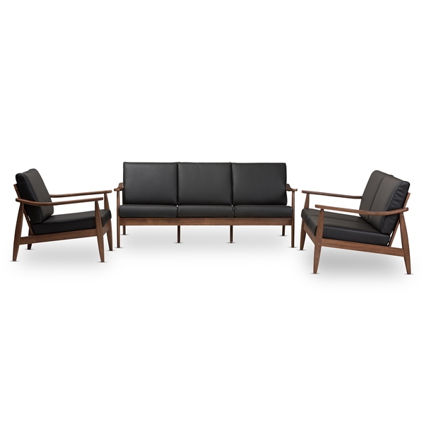 baxton studio Baxton Studio Venza Mid-Century Modern Walnut Wood Black Faux Leather 3-Piece Livingroom Set